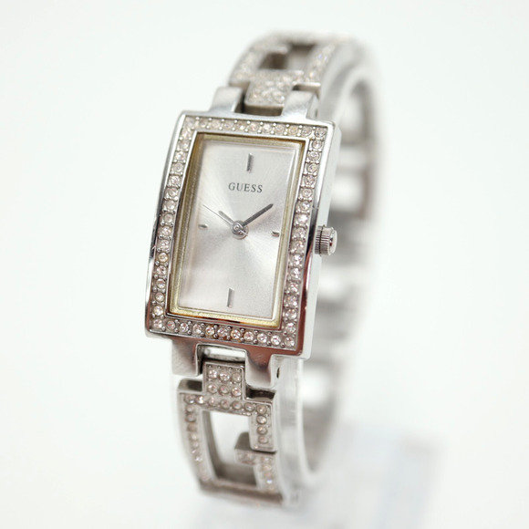 Guess Ladies Watch Silver Tone 18mm Rectangle Gem Set Silver Tone w New Battery - Picture 1 of 14